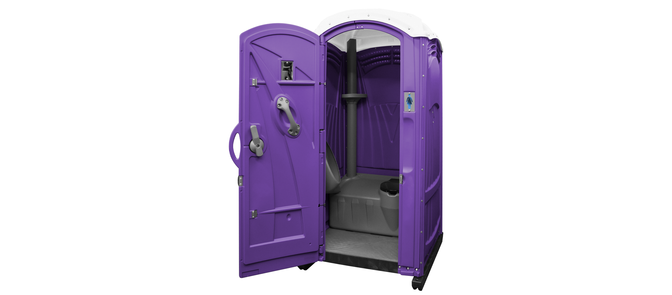 Purple portable toilet with an open door, showcasing interior features and design.
