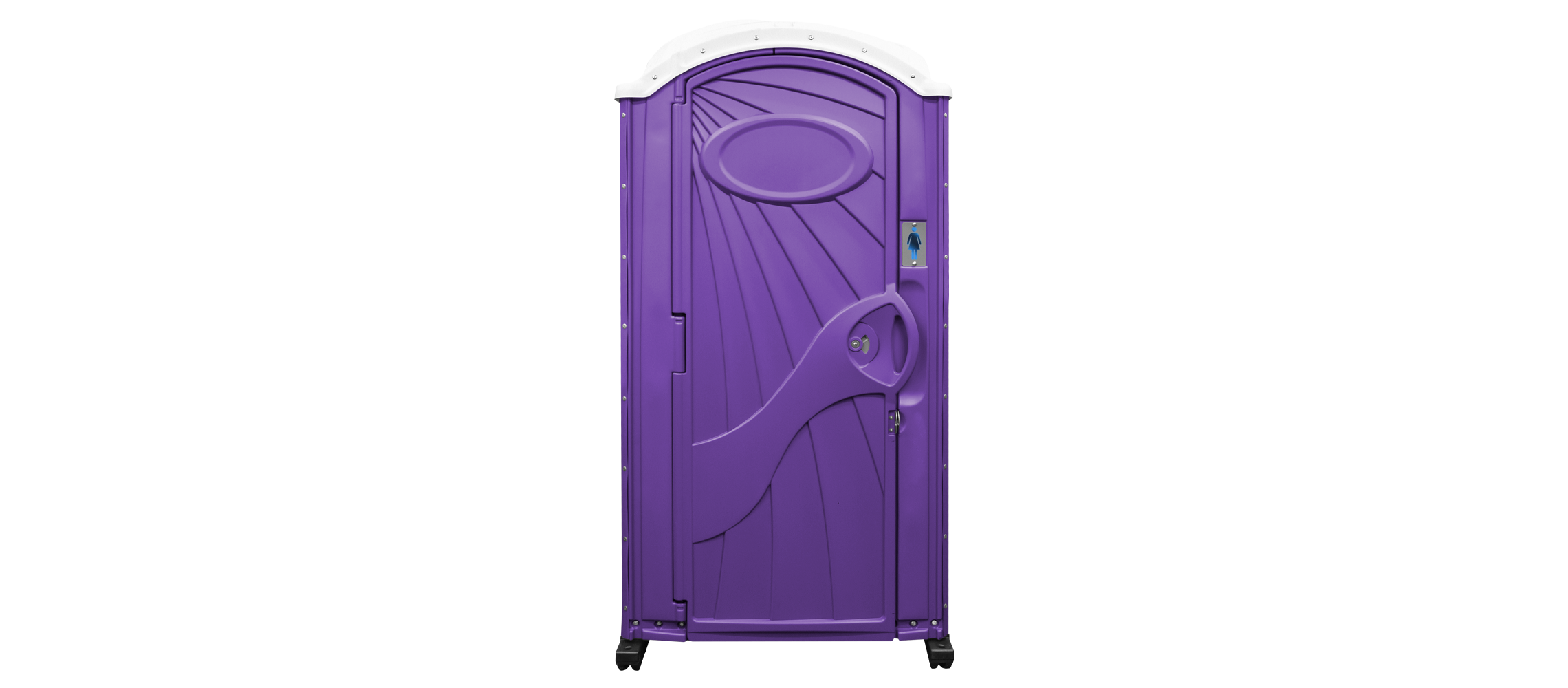 Purple portable women's restroom with white roof and door handle on black wheels.