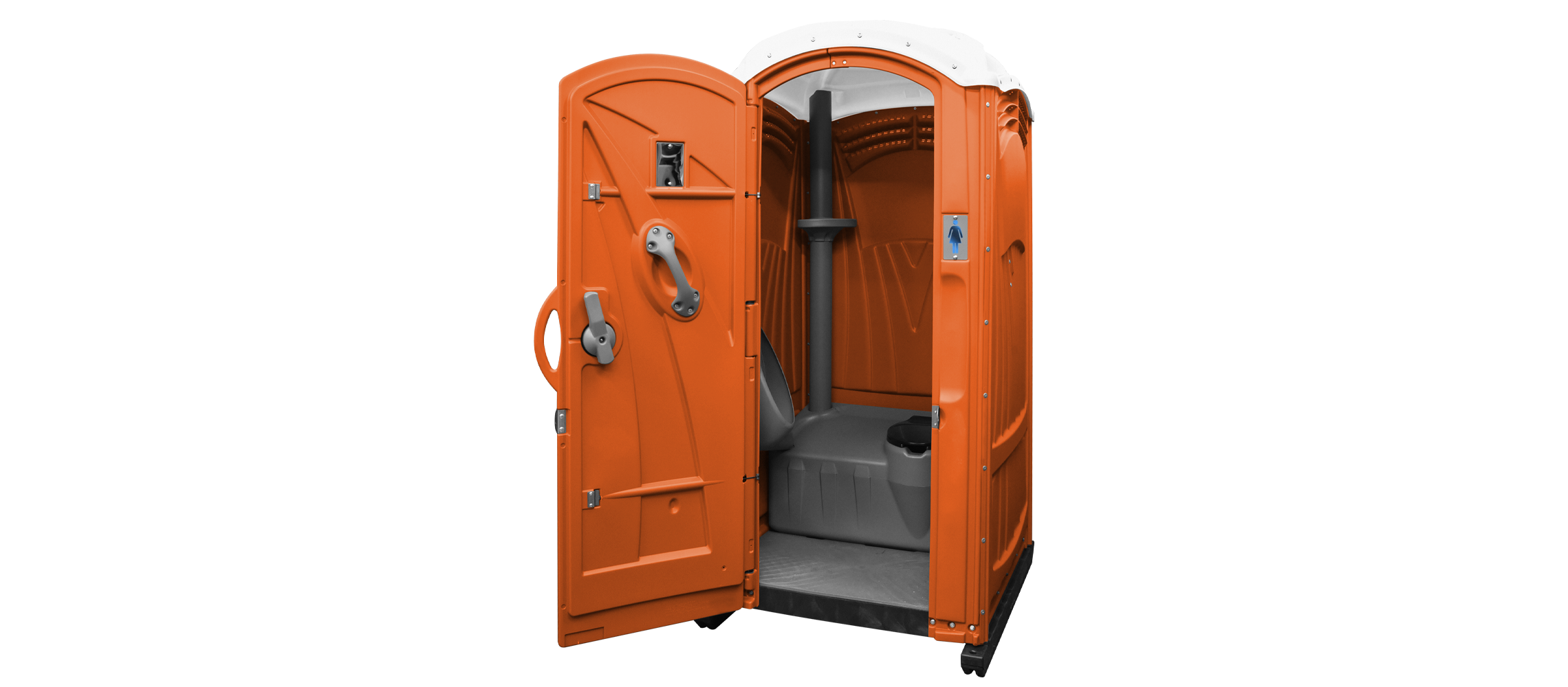 Orange portable restroom with an open door, showing interior fixtures and clean design.