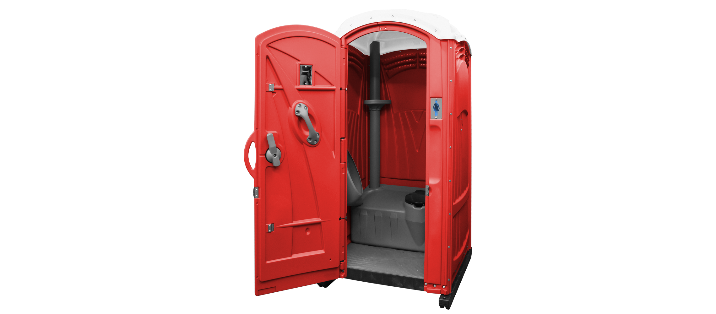 Red portable toilet with two doors open, featuring a gray interior and a hand sanitizer dispenser.