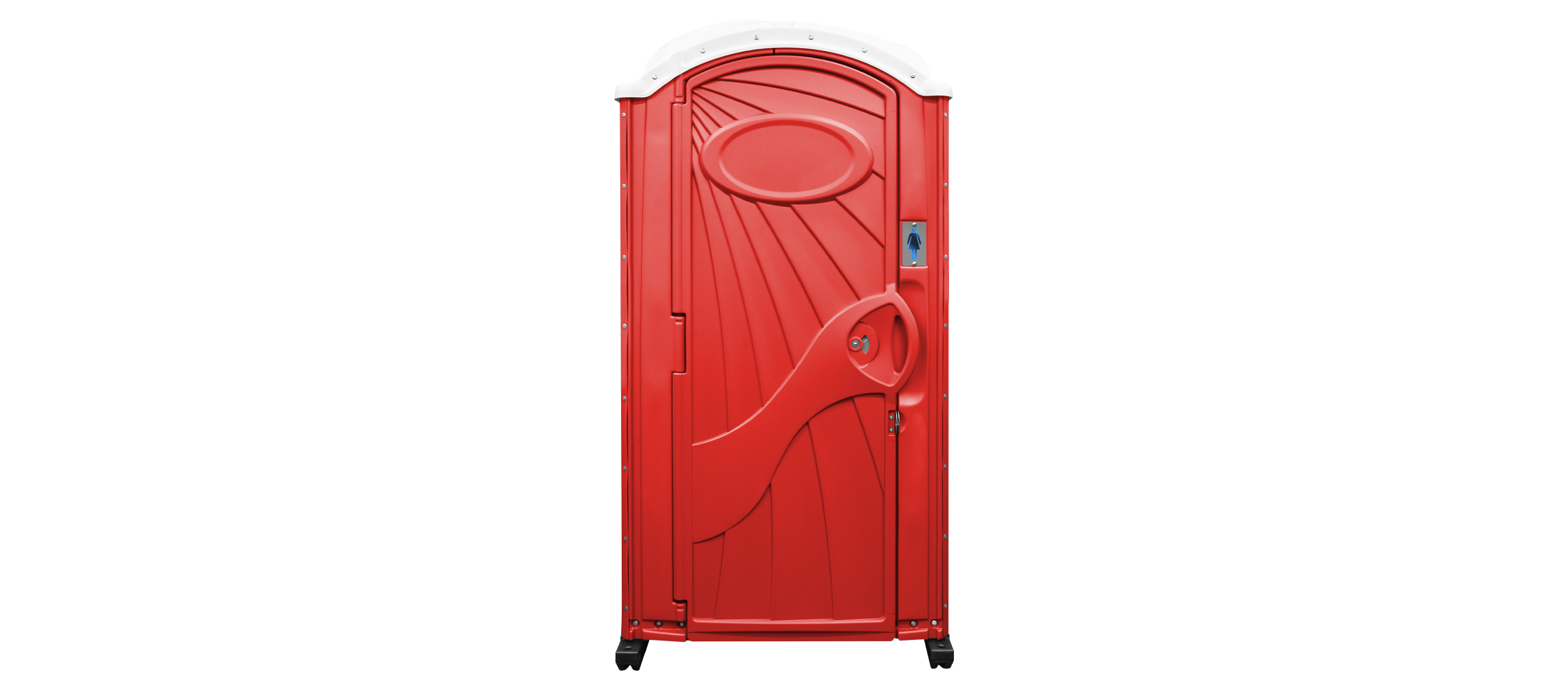 Red portable restroom with white top and a door featuring a female restroom symbol.