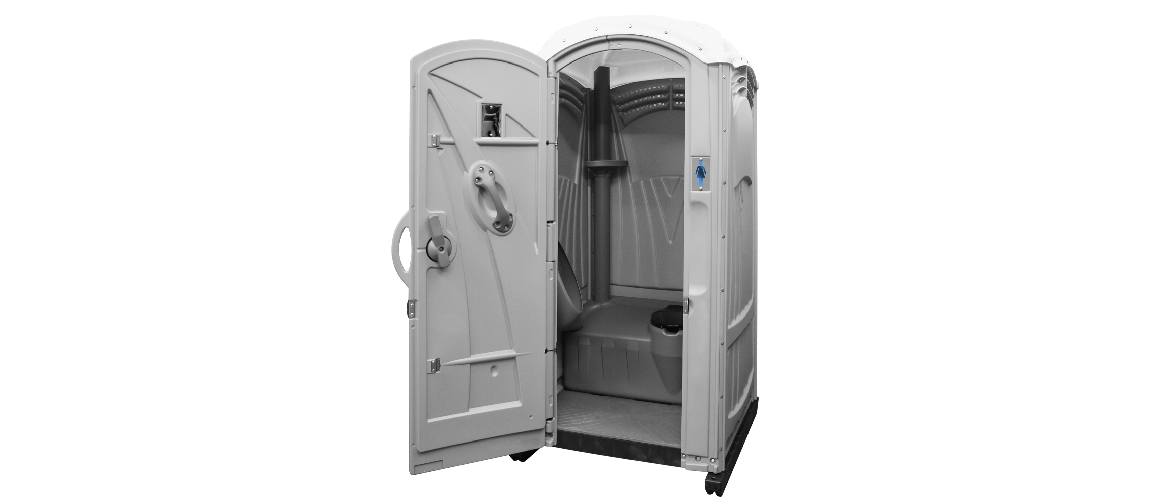 Portable toilet with an open door, featuring a flush system and interior components.