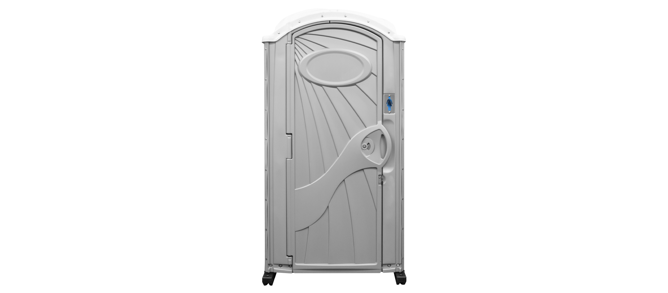 Gray portable outdoor restroom door with a female symbol on the right side.