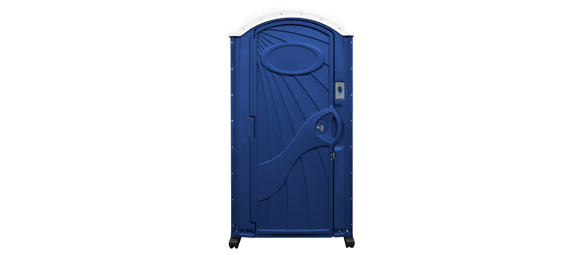 Blue portable toilet with white top and a women's restroom symbol on the door.