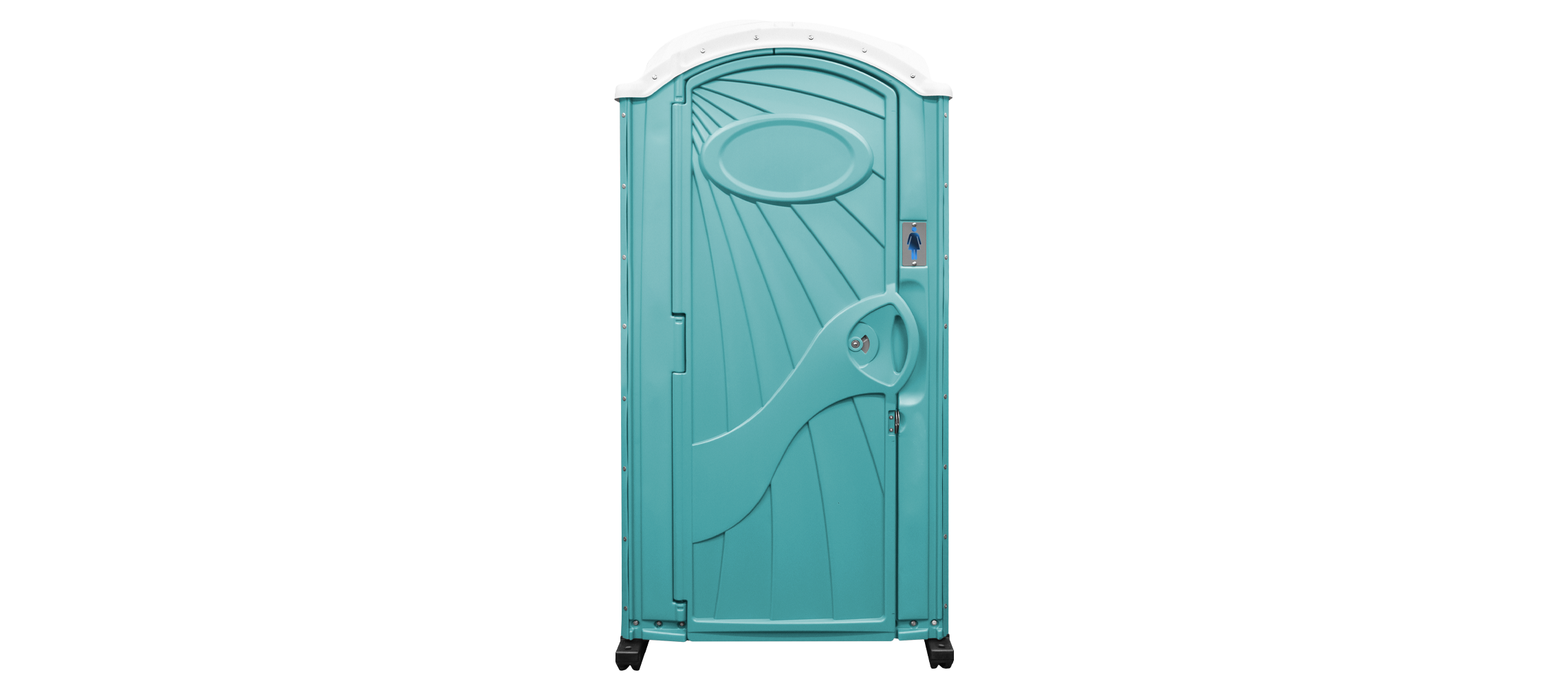 Aqua-colored portable toilet with a closed door and a small female restroom sign.