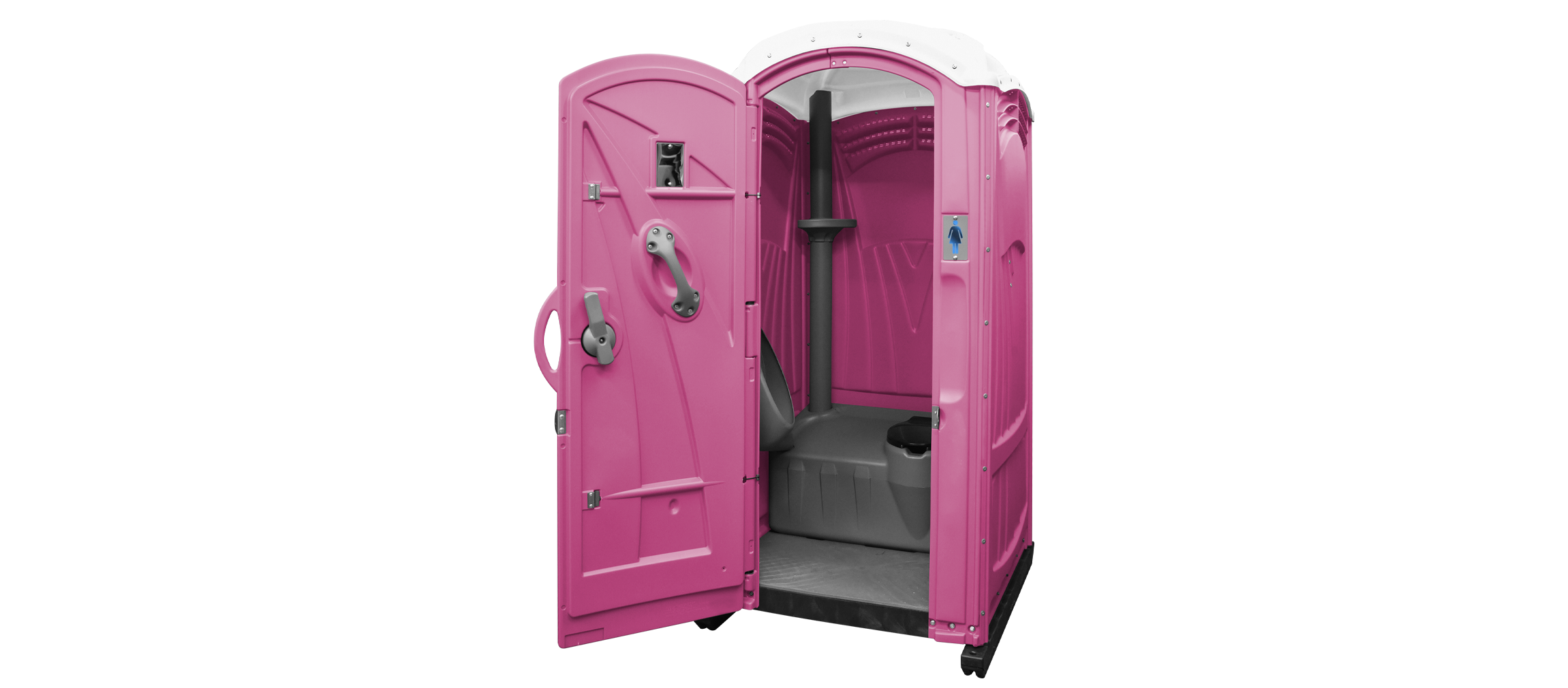 Pink portable toilet with an open door, featuring a gray interior and hand sanitizer dispenser.