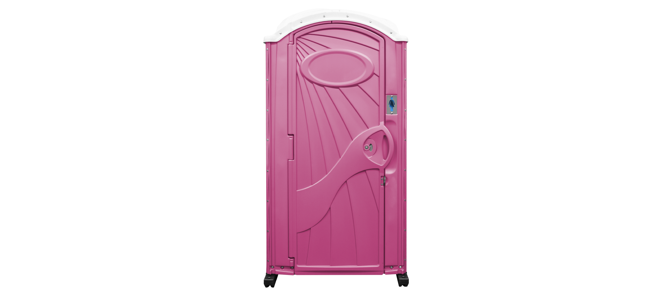 Pink women's portable restroom door with a white top and handle in the center.