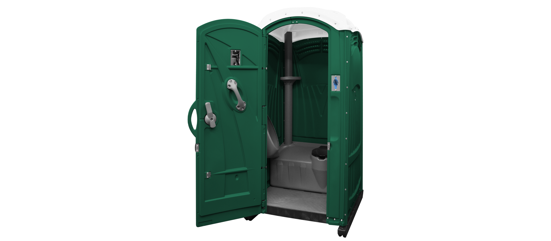 A green portable restroom with an open door, showing the interior and a hand sanitizer dispenser.