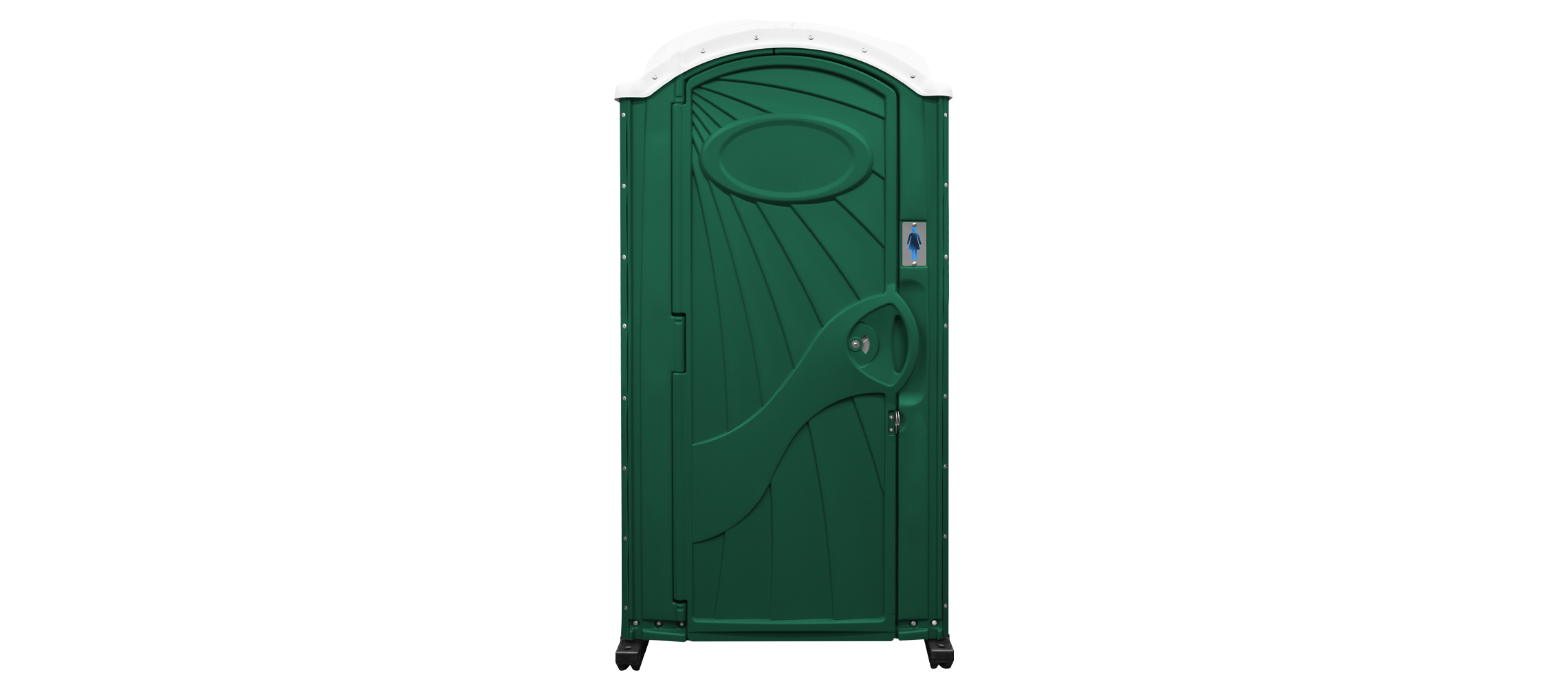 Green portable restroom with white roof and a women’s restroom symbol on the door.