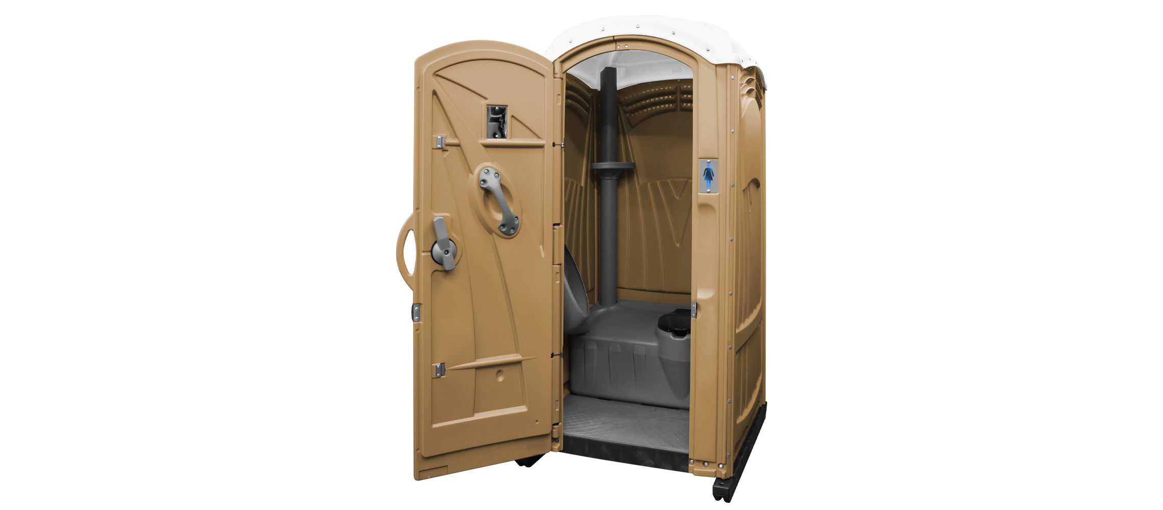 Portable restroom with an open door and an interior featuring a toilet and hand sanitizer dispenser.