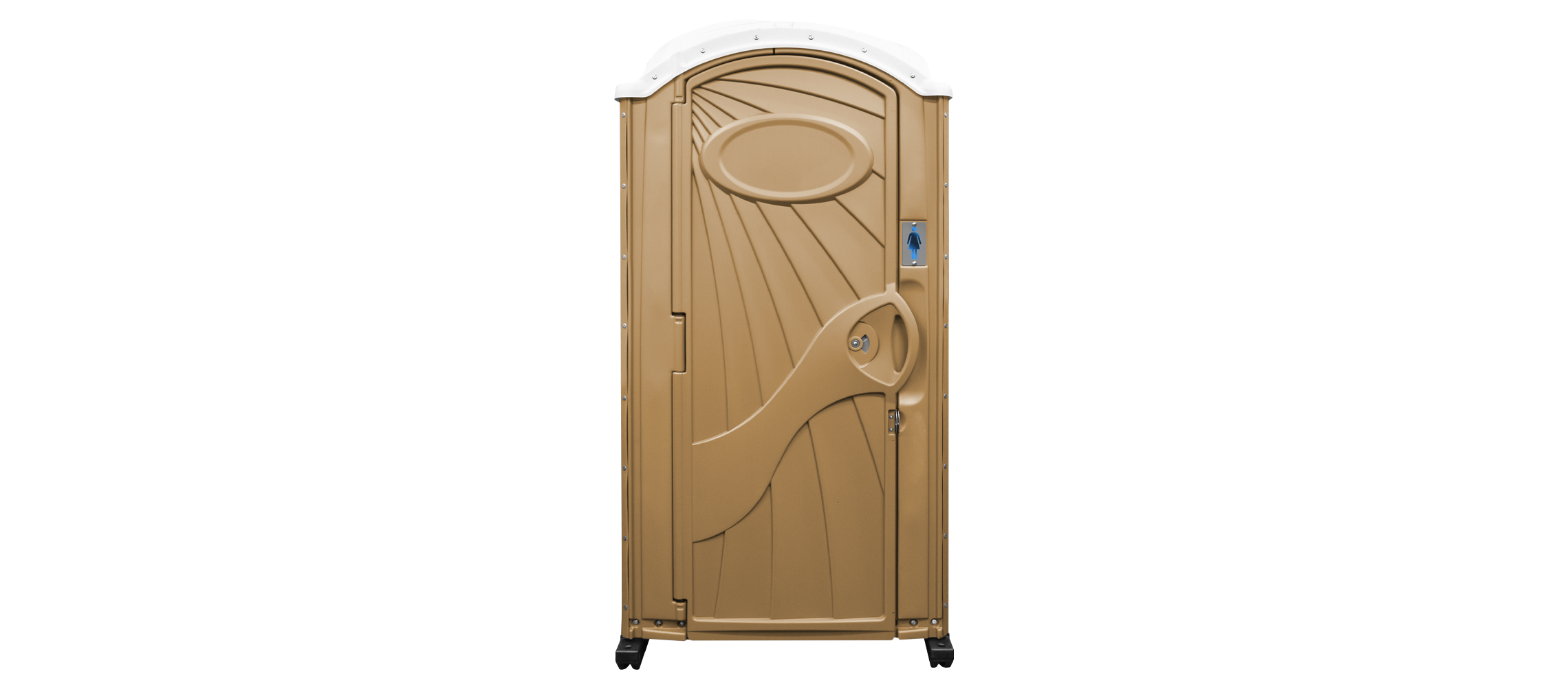 Tan portable toilet with white curved roof and a women's restroom sign on the door.