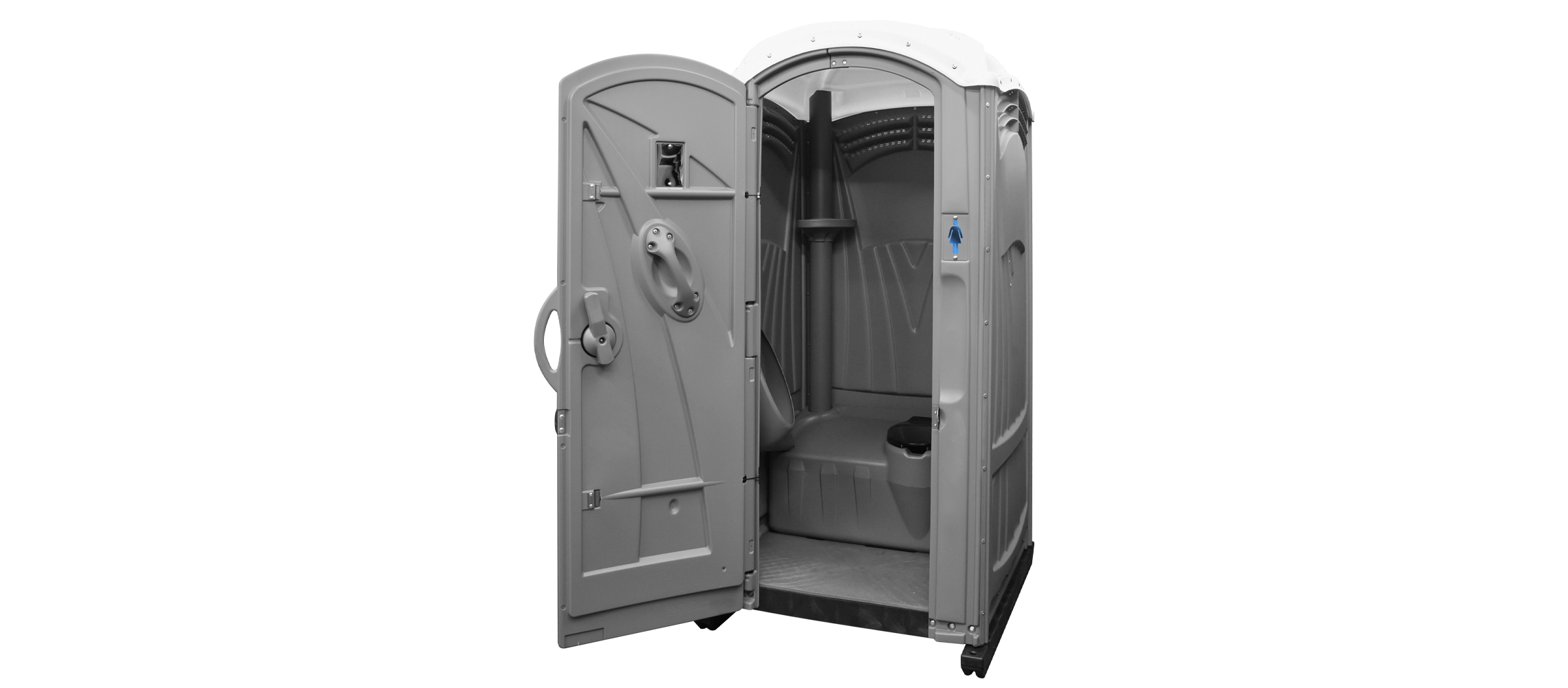 Portable toilet with an open door, featuring a gray exterior and basic interior setup.