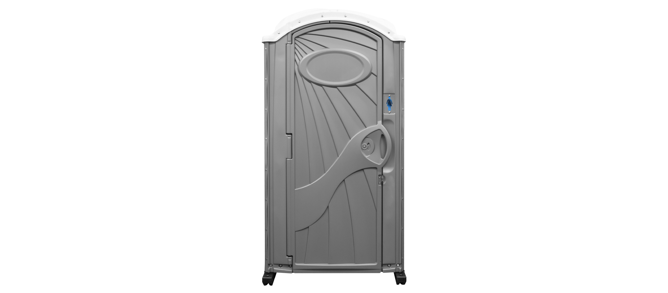 Gray portable outdoor restroom with closed door and a women's sign on handle side.