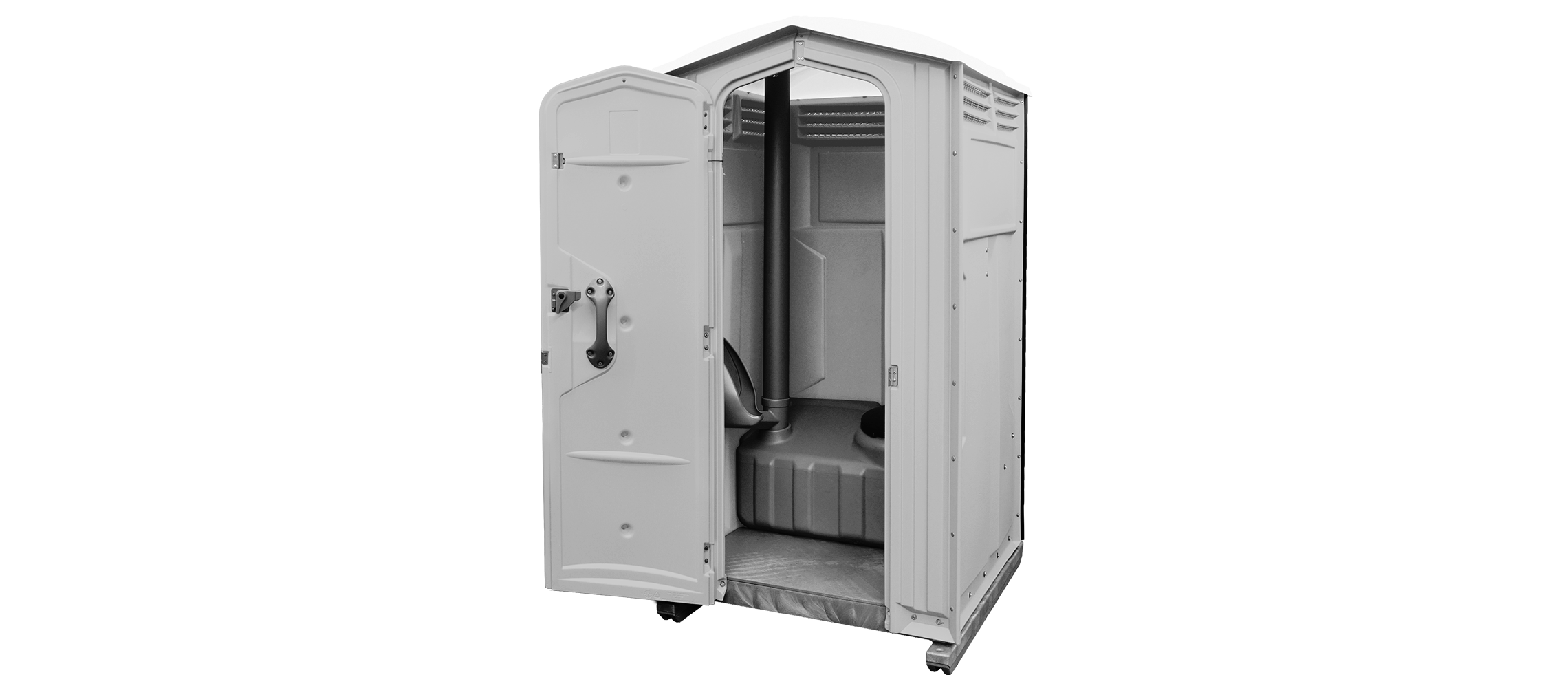 Portable toilet with an open door, featuring a clean interior and a seated toilet.