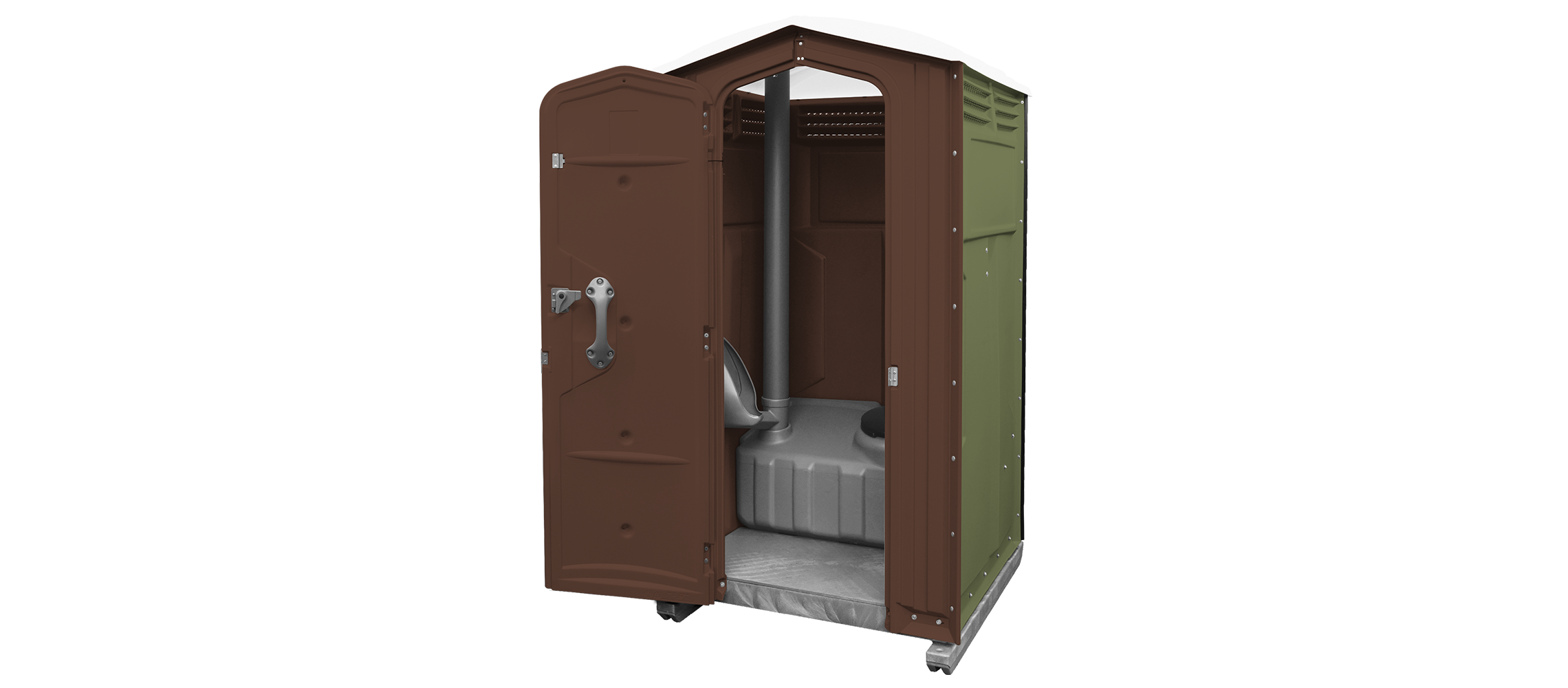 Portable restroom with brown and green panels, featuring an open door and a gray interior.