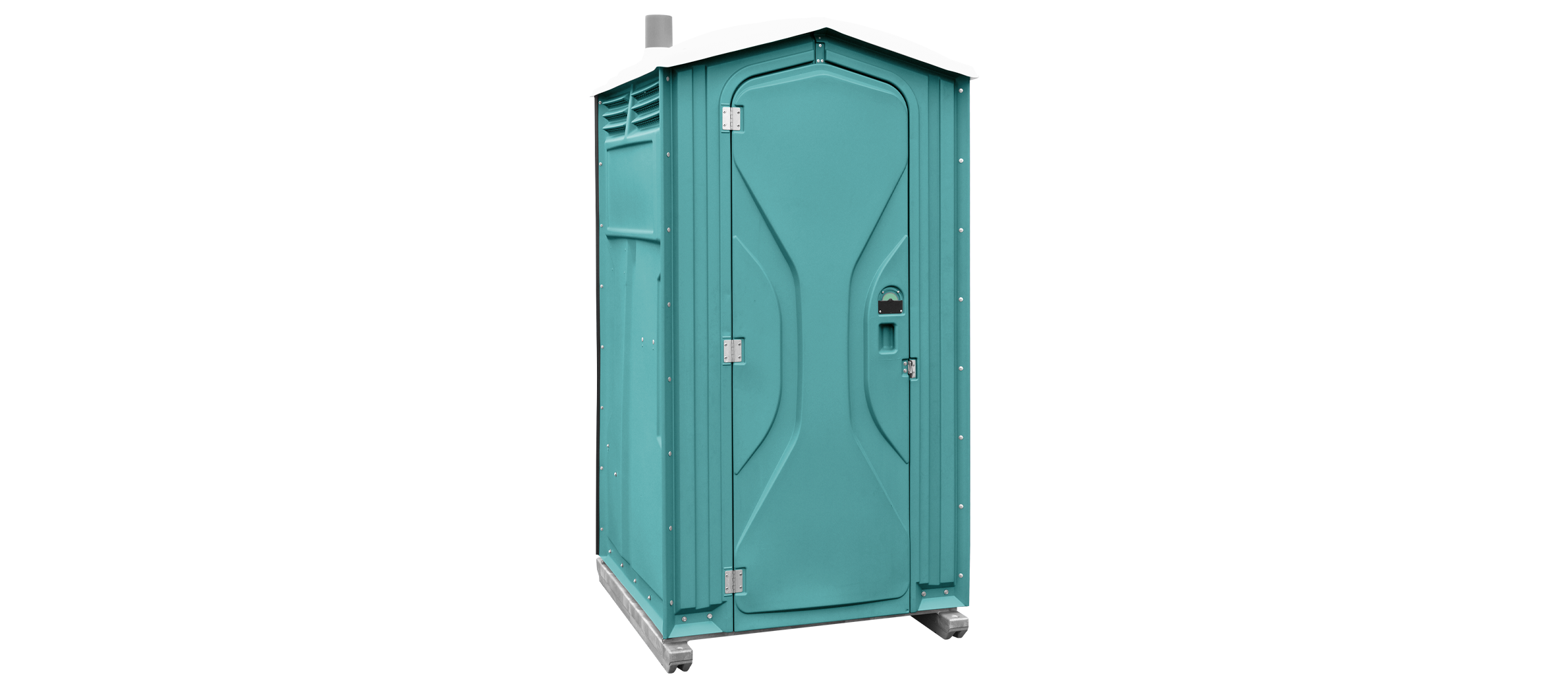 Standalone turquoise portable outdoor toilet with a white roof and ventilation pipe.