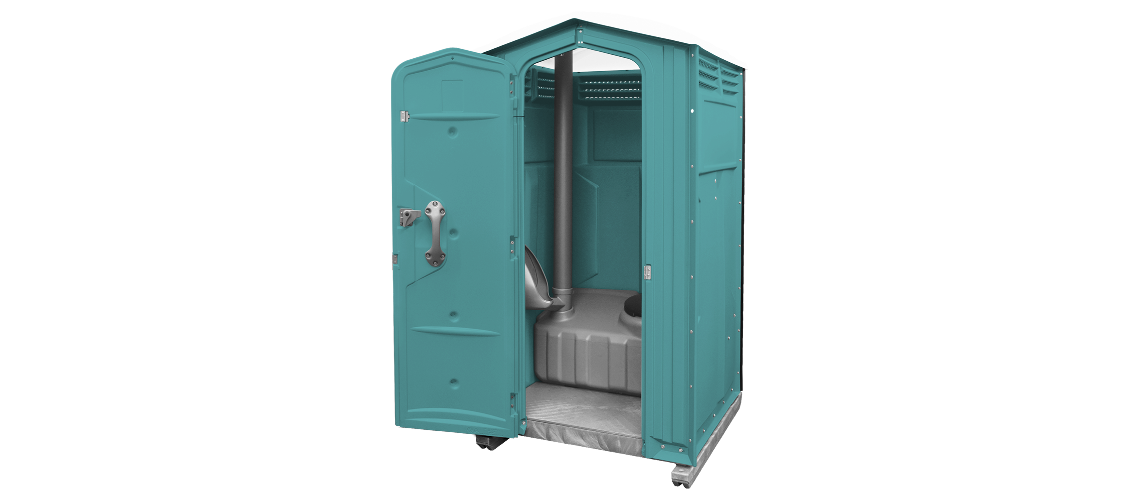 Turquoise portable toilet with an open door, featuring a gray interior and a toilet seat.
