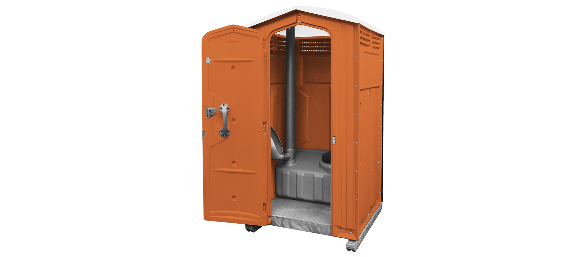 A portable orange restroom with an open door showing the interior features.