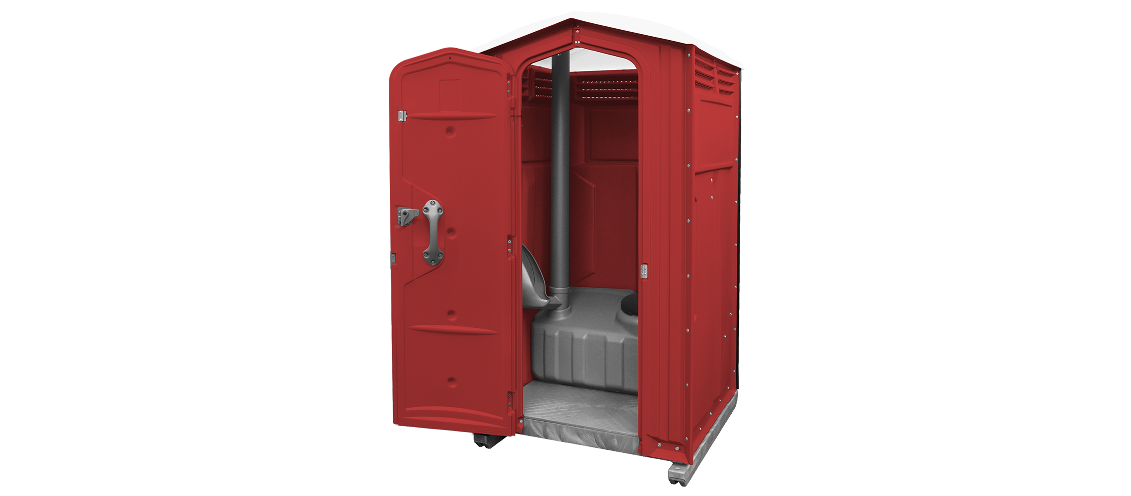 Red portable toilet with an open door, featuring a simple interior design.