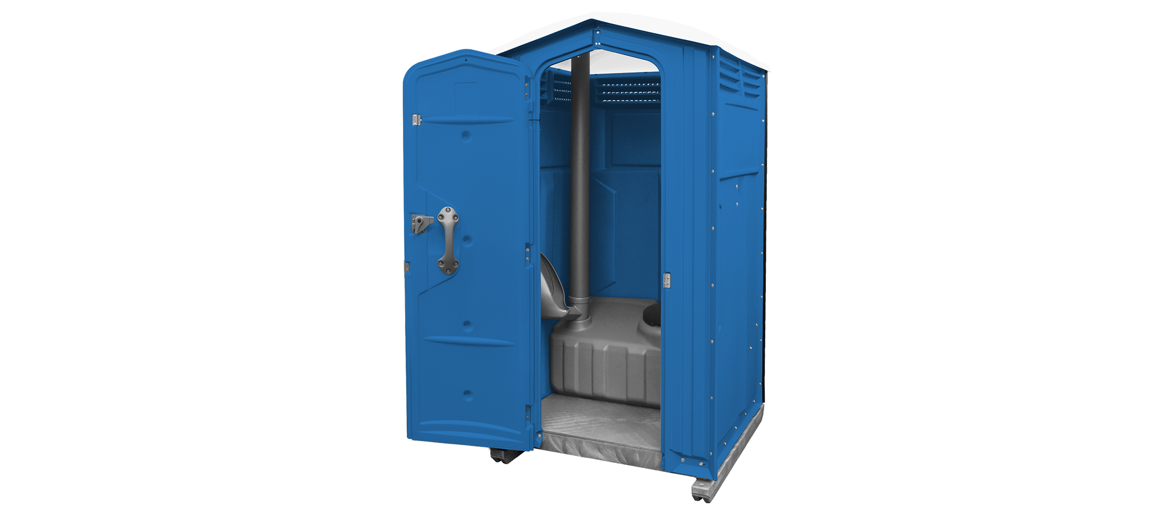 A portable toilet in royal blue with an open door and gray interior.