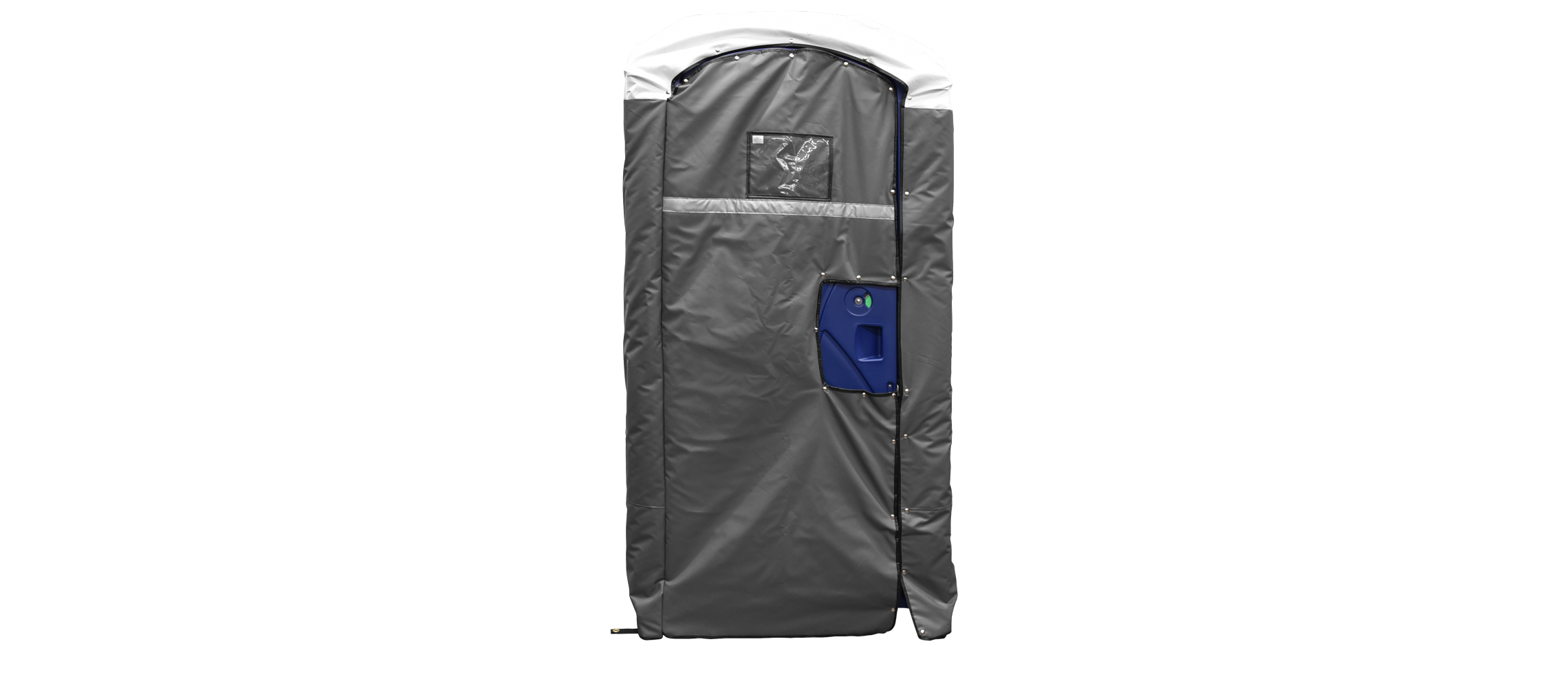 Gray insulated cover on a portable restroom with a blue door and small window.
