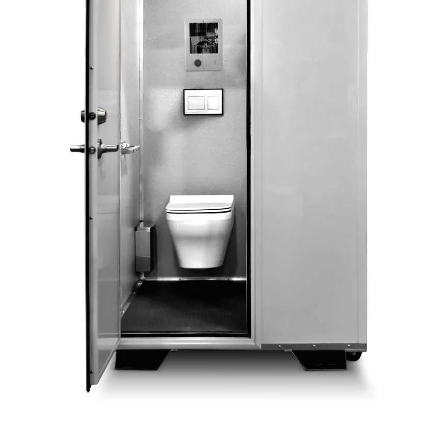 Small modern restroom with a wall-mounted toilet, a control panel, and an open door.