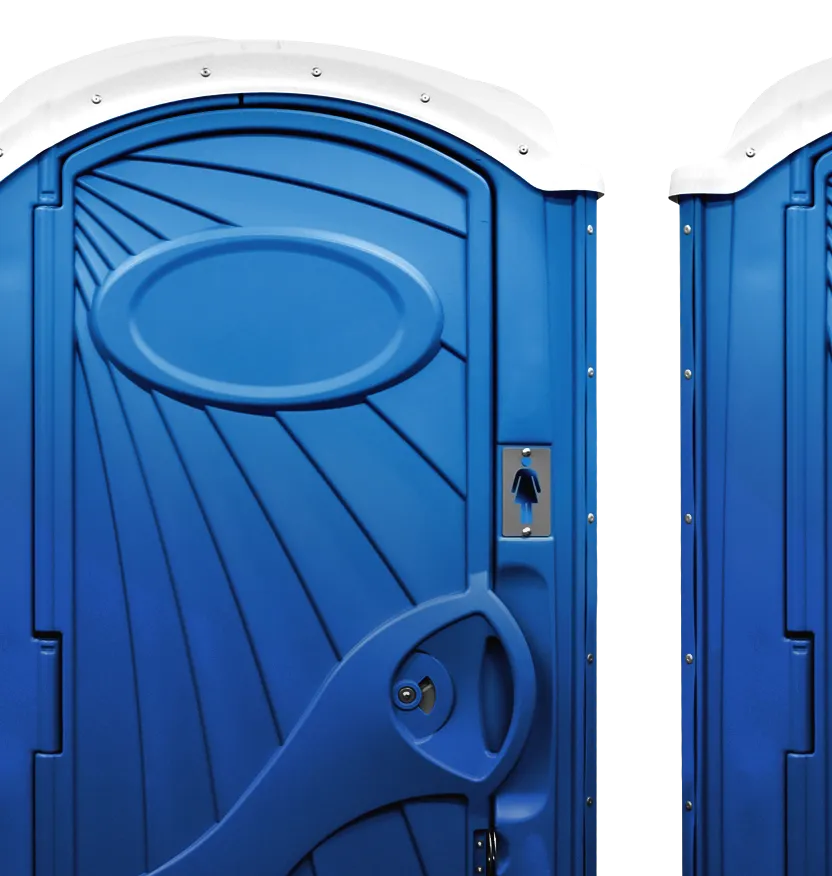 Close-up of a blue portable toilet door with a white top and a female restroom symbol.