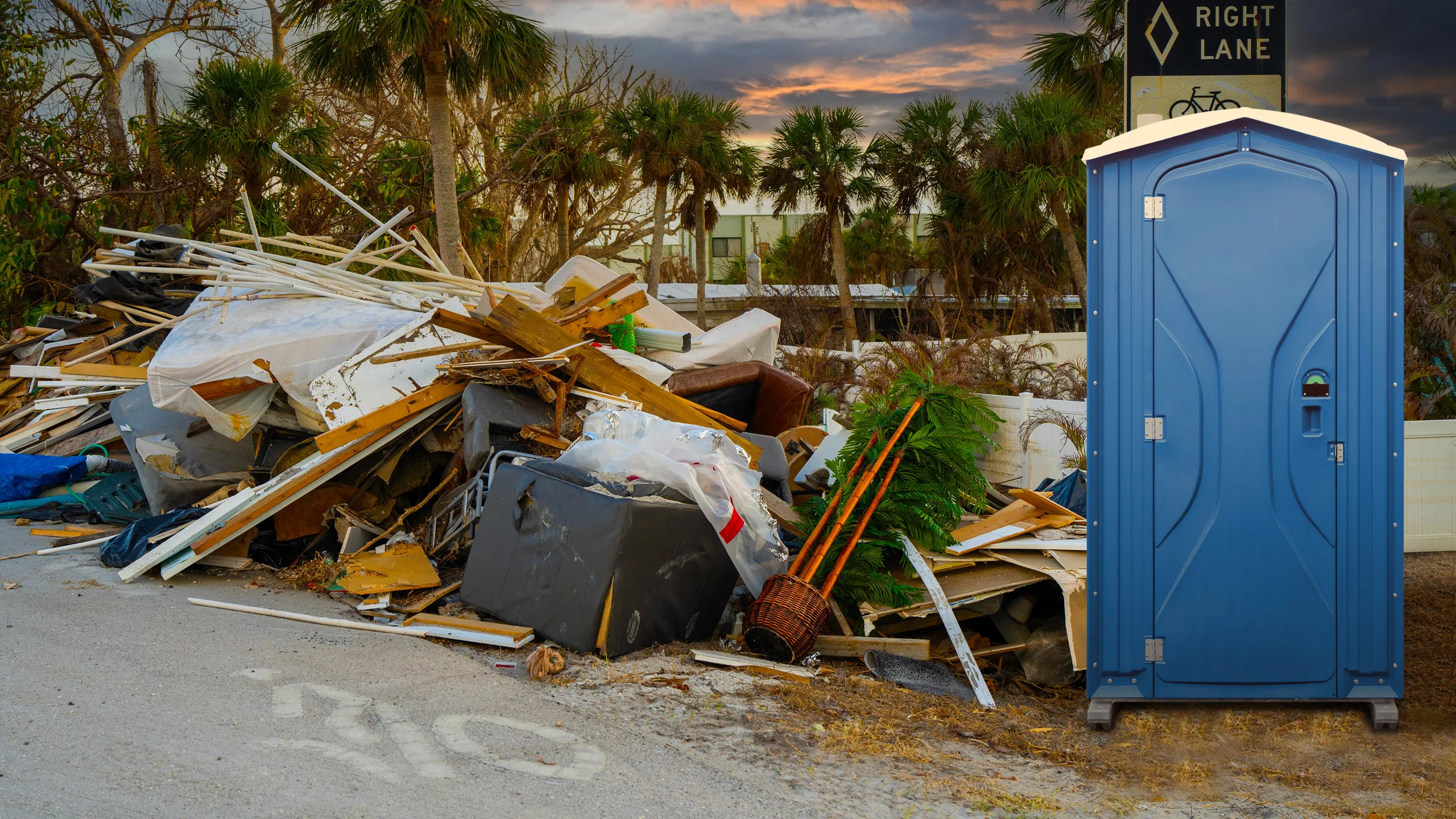 Pile of debris and broken items next to a blue portable toilet at dusk near palm trees.
