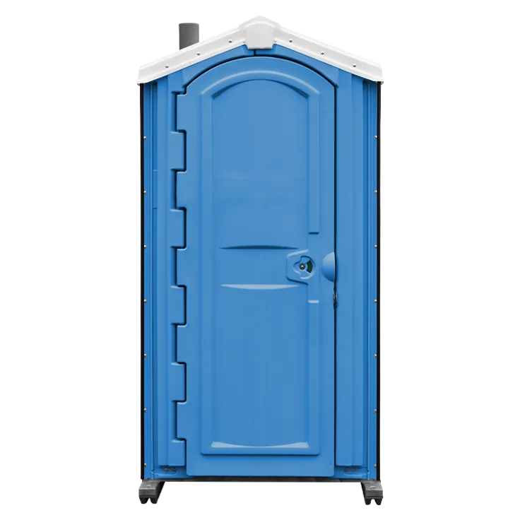 Blue portable toilet with a white roof and closed door.