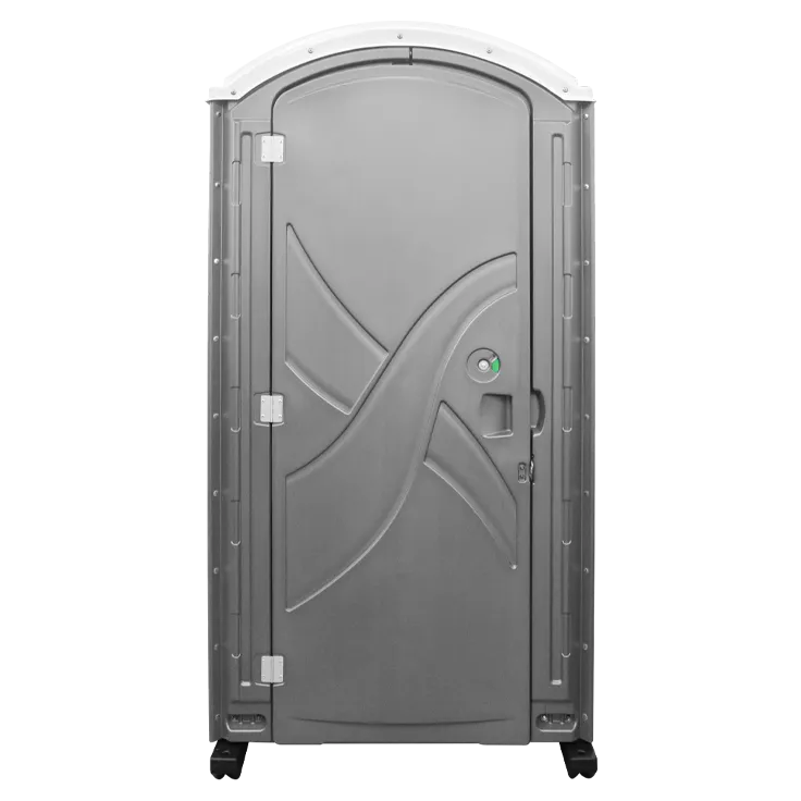 Gray portable restroom with a door featuring an embossed X-shaped design and a green indicator lock.