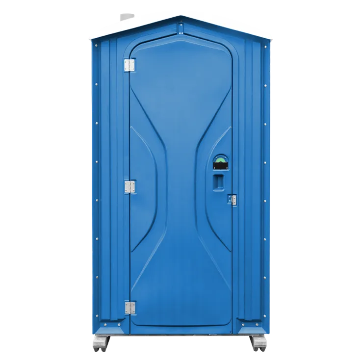Blue portable outdoor restroom with closed door and locking handle.