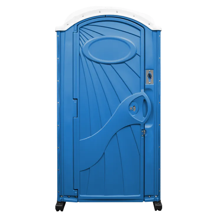Front view of a blue portable toilet with a white top and a women's restroom sign.