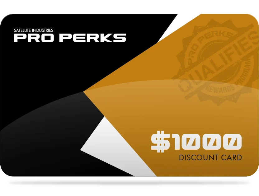 Satellite Industries Pro Perks $1000 discount card with black, white, and gold geometric design.