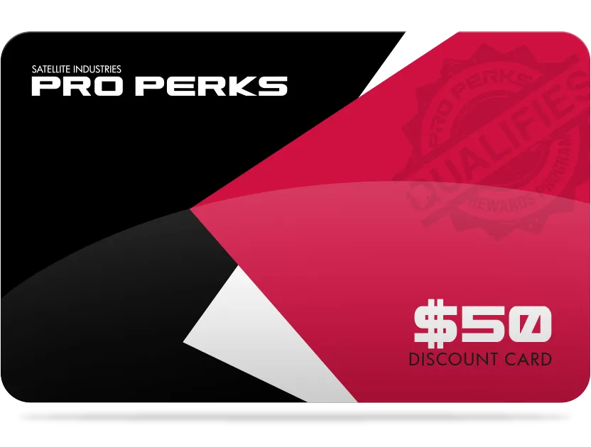 $50 discount card for Satellite Industries Pro Perks program with black and red geometric design.