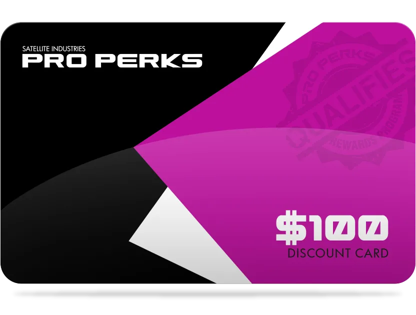 Satellite Industries Pro Perks card offering $100 discount, with black, white, and purple geometric design.