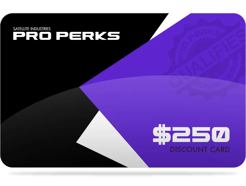 Satellite Industries Pro Perks $250 discount card with black, white, and purple design.