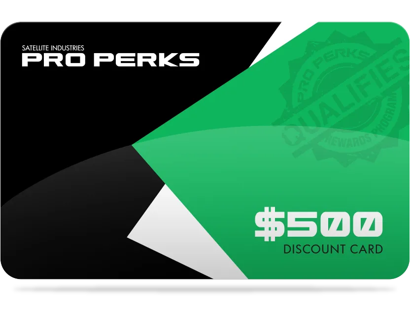 Satellite Industries Pro Perks $500 discount card with black, white, and green geometric design.