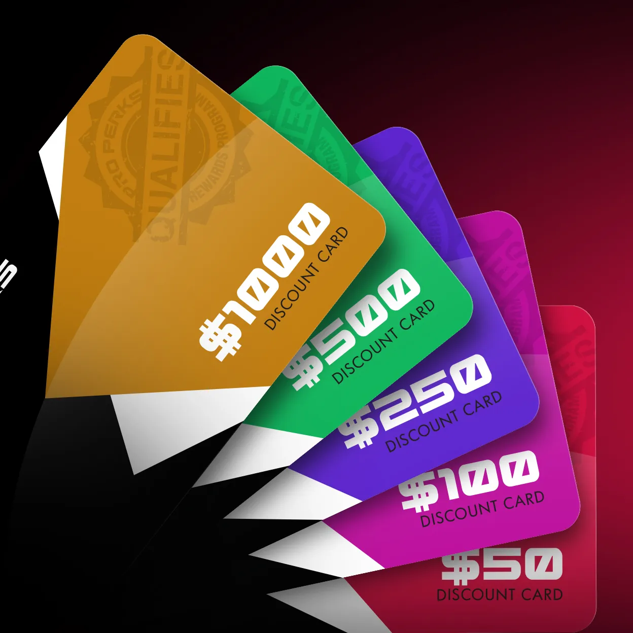 Stack of colorful discount cards with values $1000, $500, $250, $100, and $50 on black background.