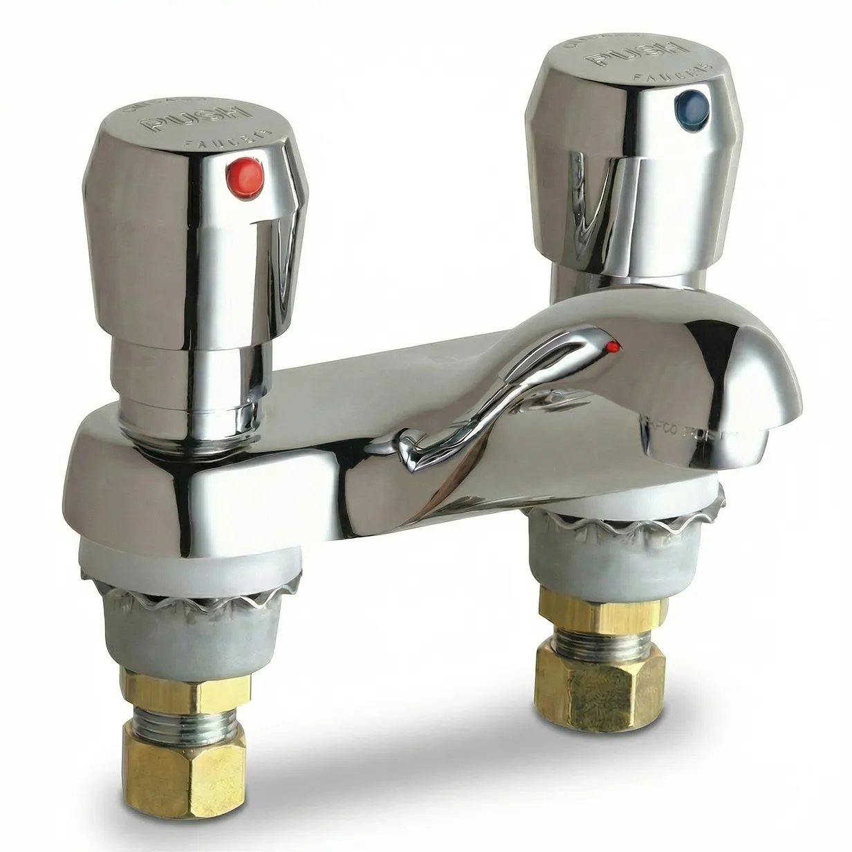 Chrome dual-handle faucet with red and blue dots for hot and cold water controls.