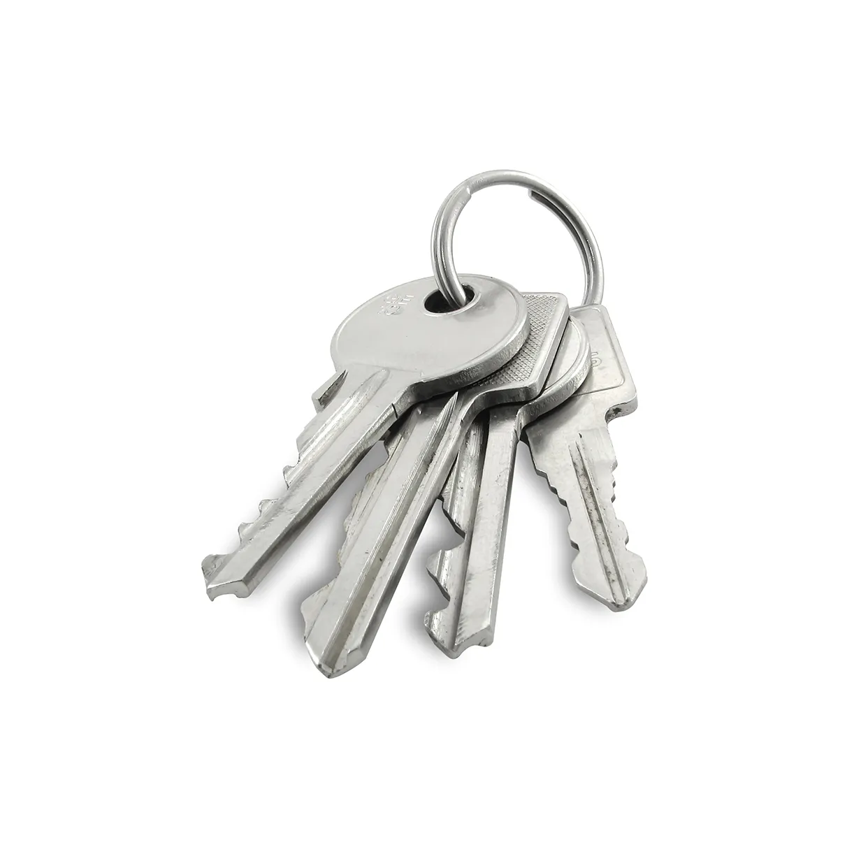 A set of four silver metal keys on a round keyring.