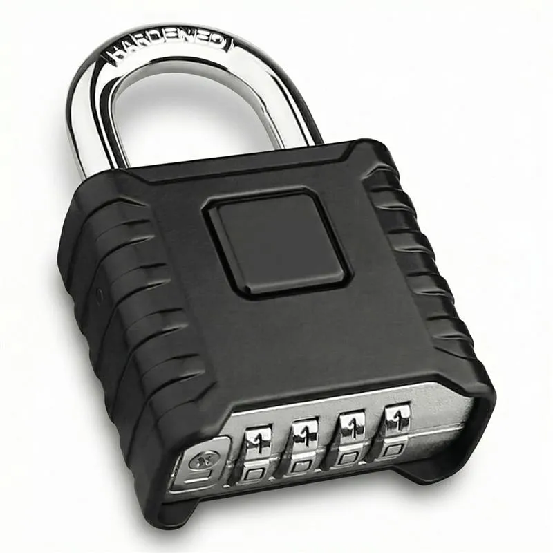 Black combination padlock with four dials and a silver hardened shackle.
