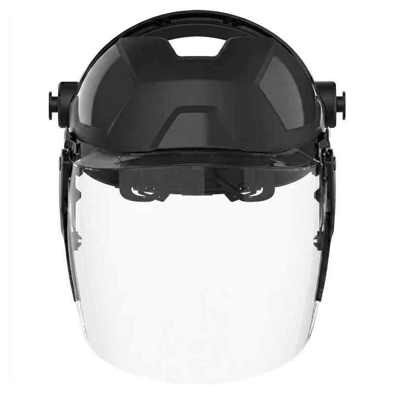 Black protective face shield with clear visor for full face coverage.
