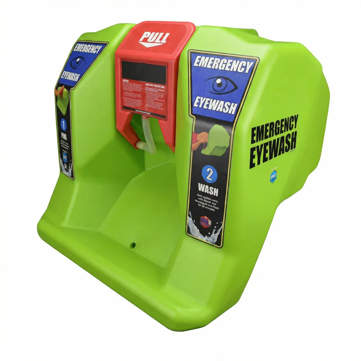 Green emergency eyewash station with red pull handle and instructional labels.