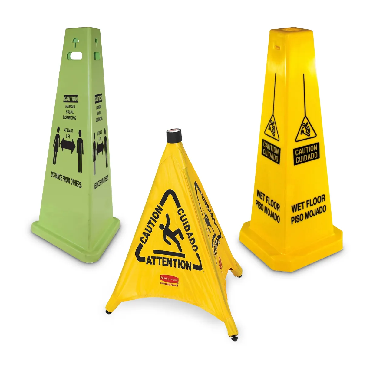 Three caution signs: green social distancing, yellow wet floor, and yellow trip hazard signs.