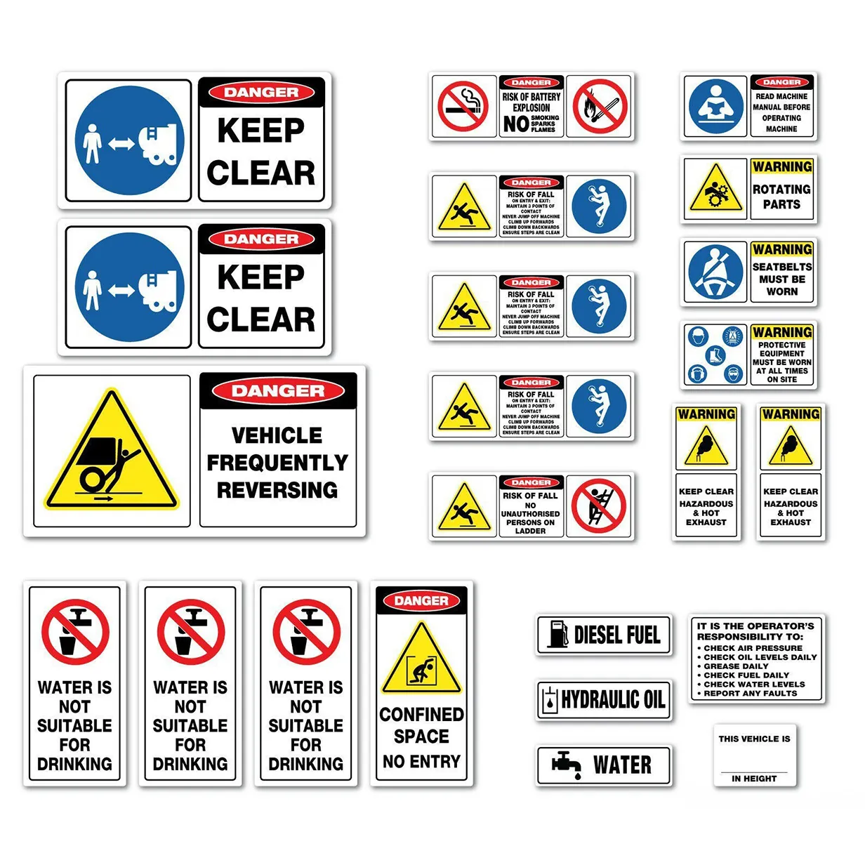 Collection of workplace safety signs including danger, warning, and no drinking water notices.