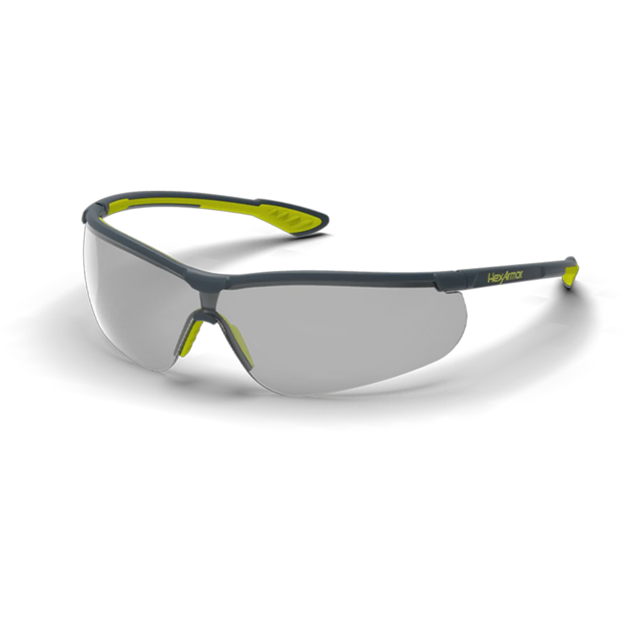 Black safety glasses with yellow accents and tinted wraparound lenses.