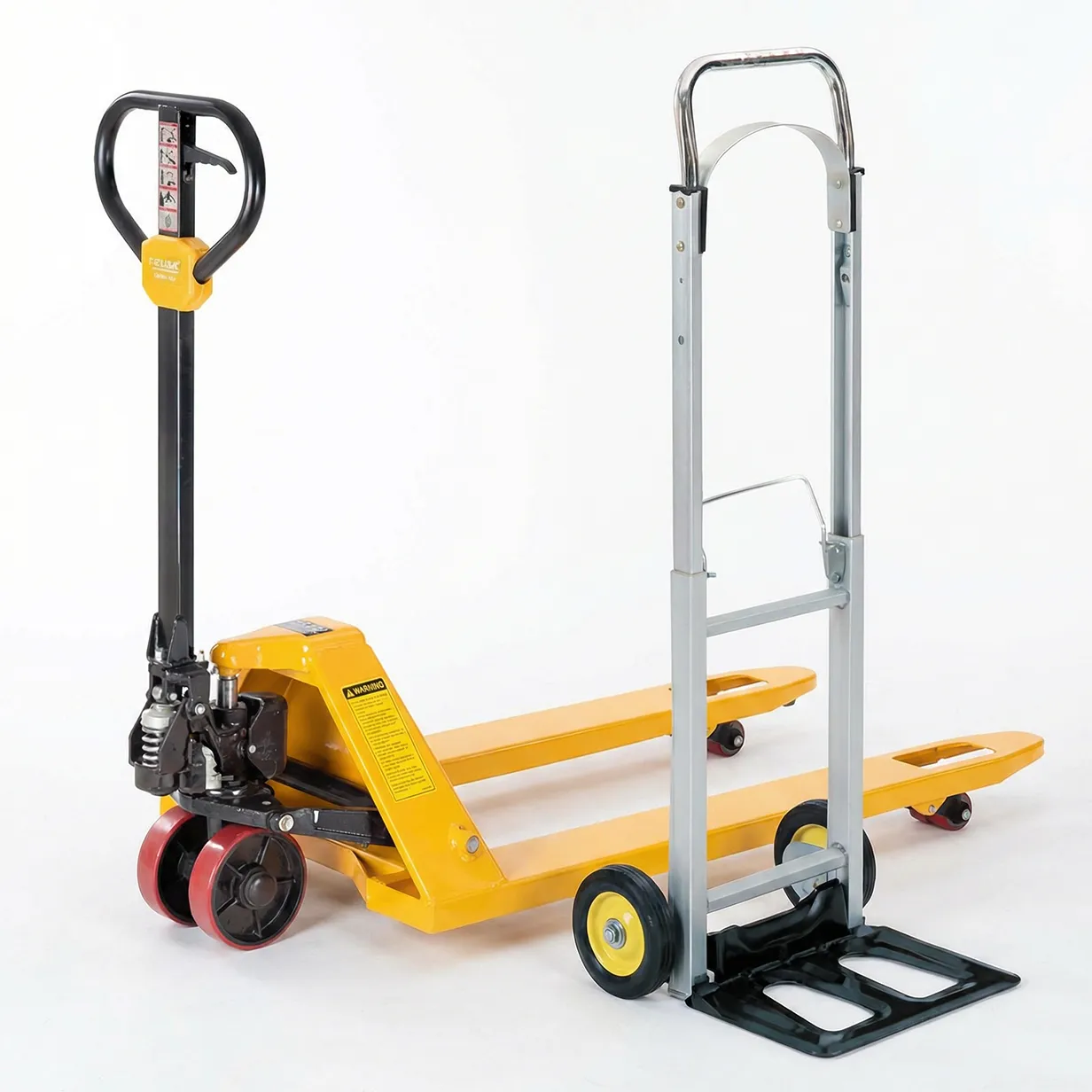 Yellow pallet jack and hand truck on a white background for moving heavy loads.