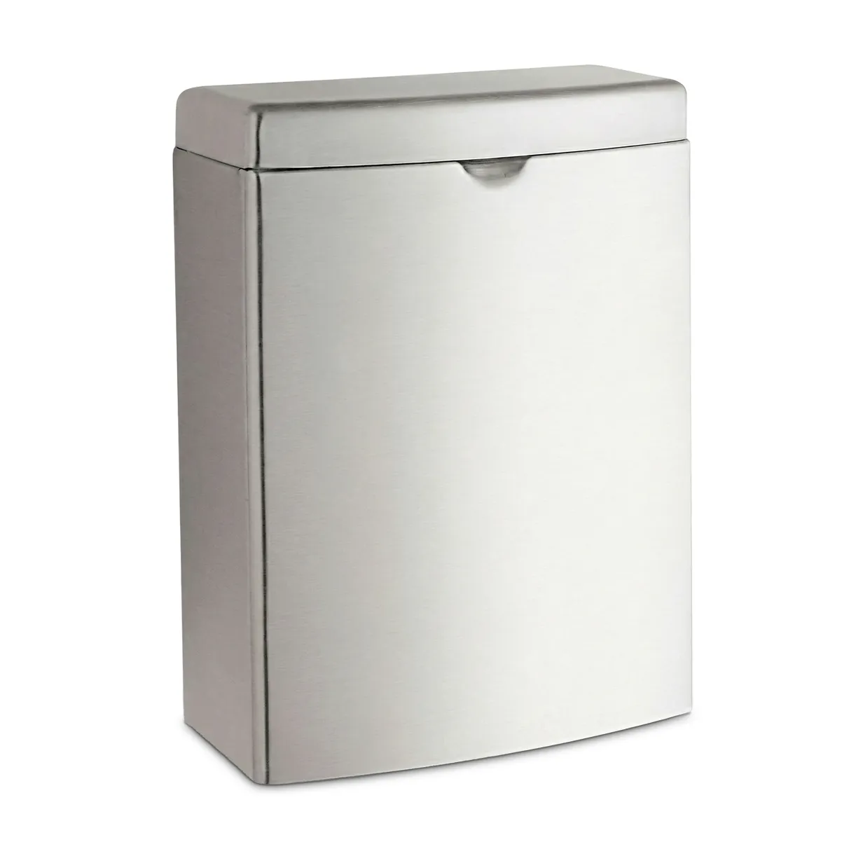 Rectangular stainless steel waste bin with a closed lid and a front flap opening.