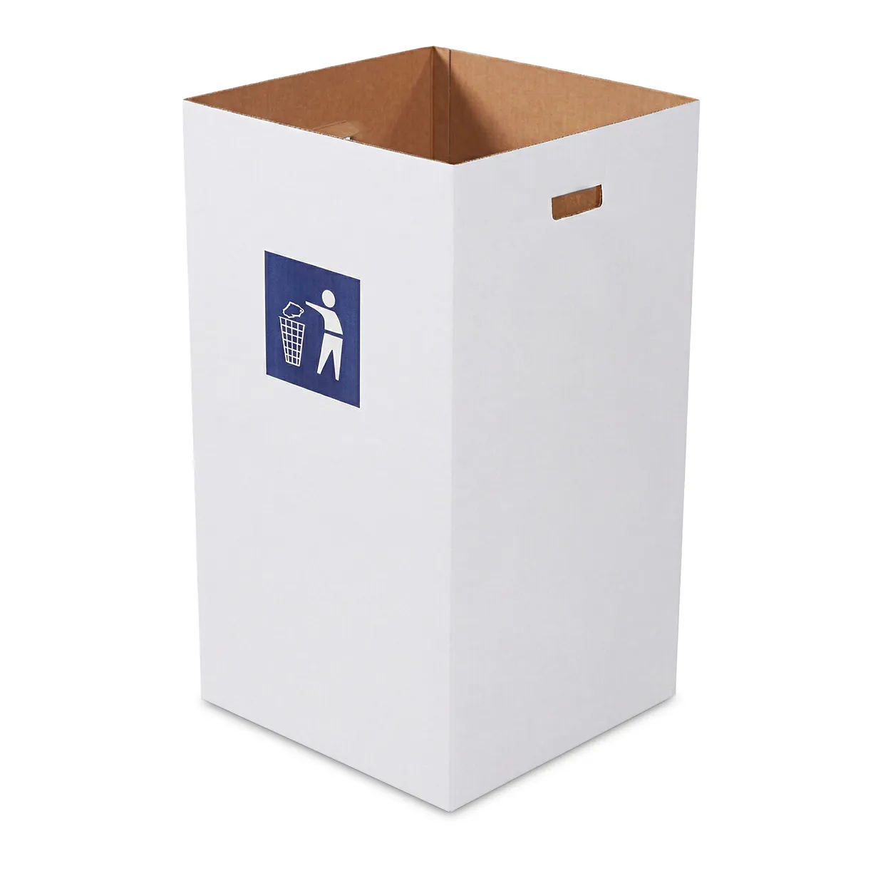 Tall white cardboard waste receptacle with a blue recycling symbol and side handles.