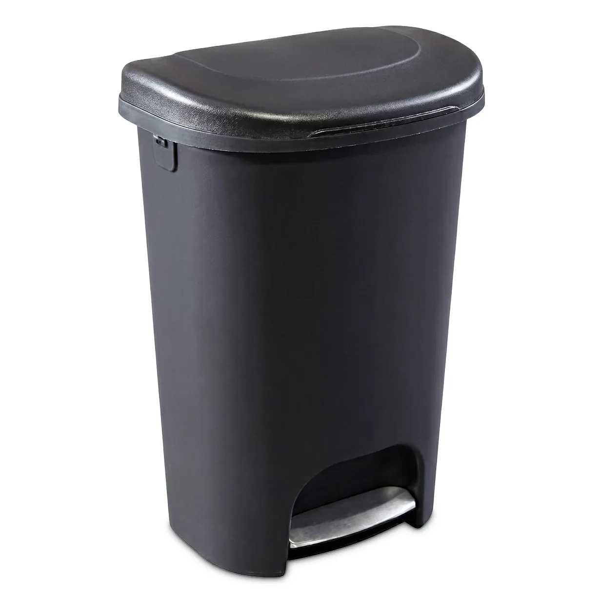 Black plastic step pedal trash can with rounded lid and matte finish.